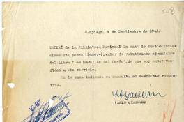 Recibo para Luis Oyarzún por "Las Murallas del sueño", 9 de septiembre de 1941.