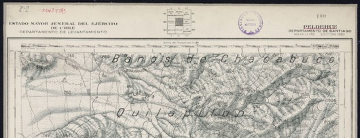 Peldehue Departamento de Santiago [material cartográfico] : Estado Mayor Jeneral del Ejército de Chile. Departamento de Levantamiento.