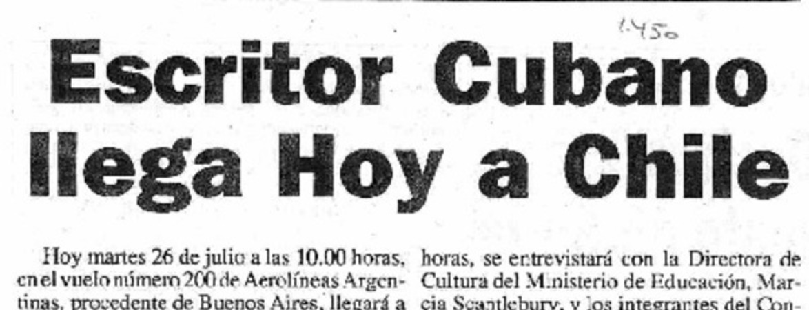 Escritor cubano llega hoy a Chile.