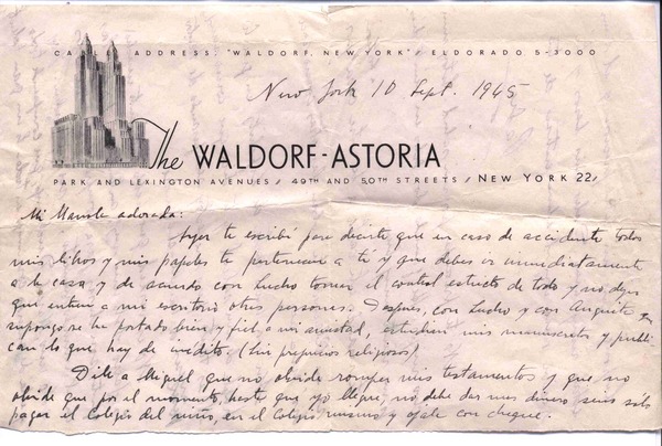 [Carta], 1945 sept.10 Nueva York, Estados Unidos [a] Manuela García Huidobro, Chile  [manuscrito] Vicente Huidobro.