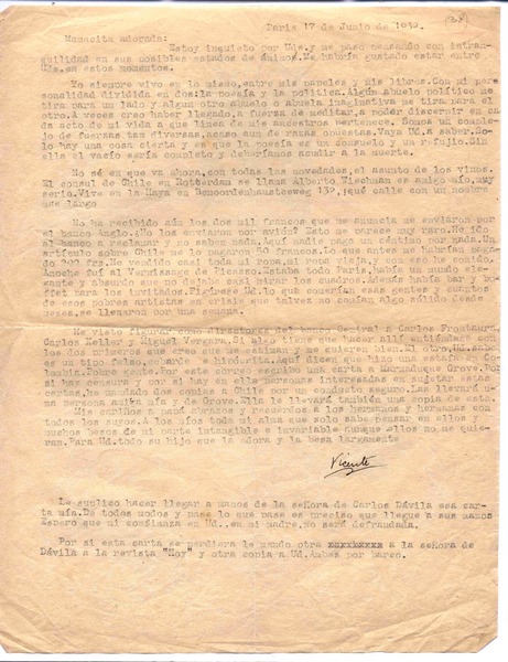 [Carta], 1932 jun. 17 Paris, Francia <a> María Luisa Fernández, Chile  [manuscrito] Vicente Huidobro.