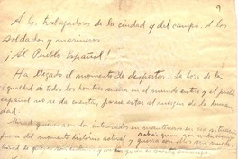 "A los trabajadores de la ciudad y el campo"  [manuscrito] Vicente Huidobro.