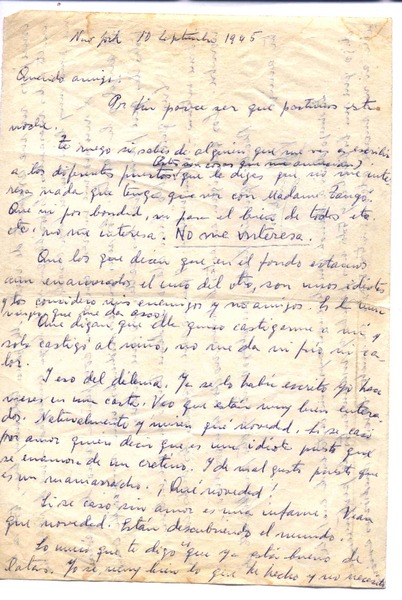 [Carta], 1945 sept. 10 Nueva York, Estados Unidos <a> Luis Vargas Rosas, Chile  [manuscrito] Vicente Huidobro.
