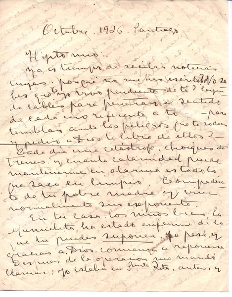 [Carta], 1926 oct. 6 Santiago de Chile <a> Vicente Huidobro, Paris, Francia