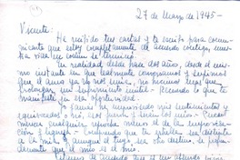 [Carta], 1945 mayo 27 Santiago, Chile <a> Vicente Huidobro  [manuscrito] Ximena Amunátegui.