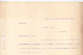 [Carta], 1917 oct. 19 Santiago, Chile <a> Gabriela Mistral, Chile