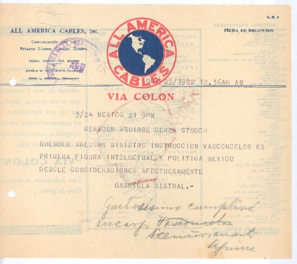[Telegrama], 1922 oct. 25 México <a> Pedro Aguirre Cerda, Chile