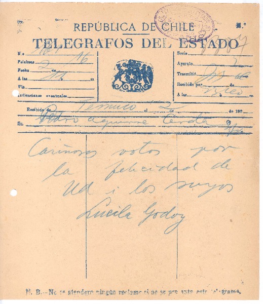 [Telegrama], 1920 Temuco, Chile <a> Pedro Aguirre Cerda, Chile