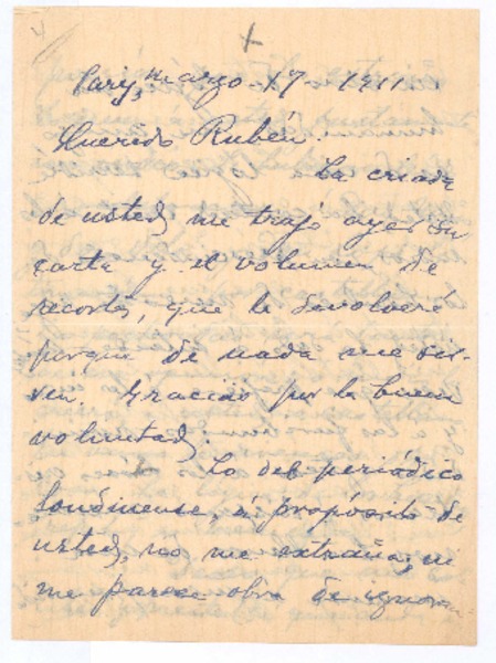 [Carta], 1911 mar. 17 París, Francia <a> Rubén Darío
