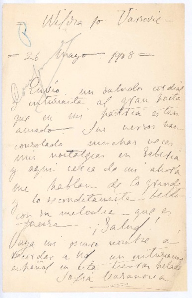 [Carta], 1908 mayo 26 Varsovia, Polonia <a> Rubén Darío
