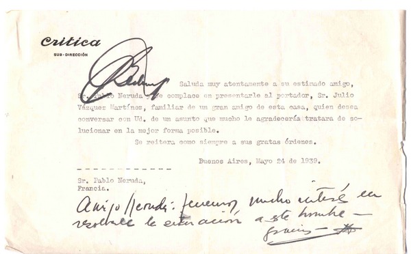 [Carta], 1939 mayo 24 Buenos Aires, Argentina [a] Pablo Neruda