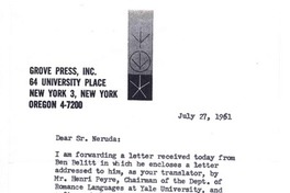 [Carta] 1961 jul. 27 Oregon, Estados Unidos [a] Pablo Neruda