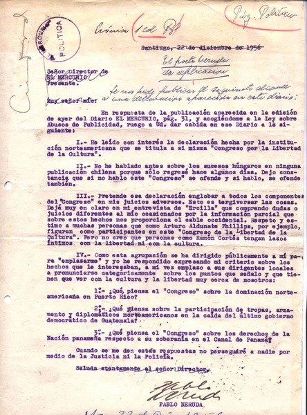 [Carta], 1956 dic. 21 Santiago, Chile [a] Diario El Mercurio de Santiago  [manuscrito] Pablo Neruda