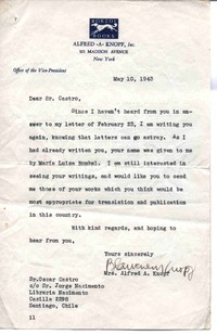 [Carta], 1943 mayo 10 New York, [Estados Unidos a Oscar Castro]  [manuscrito] Mrs. Alfred A. Knopf.