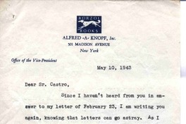 [Carta], 1943 mayo 10 New York, [Estados Unidos a Oscar Castro]  [manuscrito] Mrs. Alfred A. Knopf.