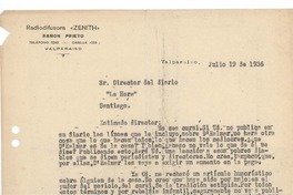 [Carta] 1936 jul. 19, Valparaíso, Chile [a] Director del diario "La Hora"