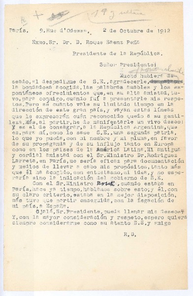 [Carta], 1912 oct. 12 París, Francia <a> Roque Sáenz Peña