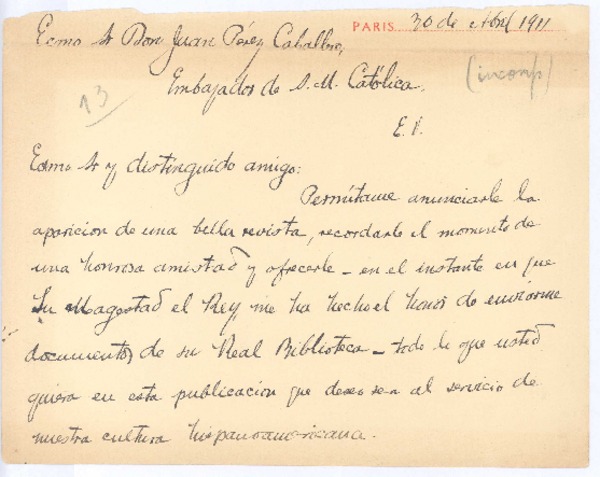 [Carta], 1911 abril 30 Paris, Francia <a> Juan Pérez Caballero