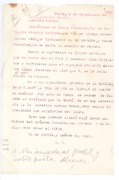 [Carta], 1907 septiembre 19 Paris, Francia <a> Gabriel Alomar