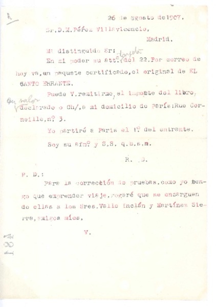 [Carta], 1907 agosto 26 Madrid, España <a> D.M. Pérez Villavicencio