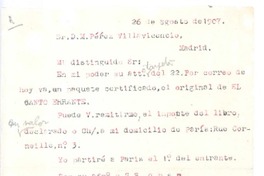 [Carta], 1907 agosto 26 Madrid, España <a> D.M. Pérez Villavicencio