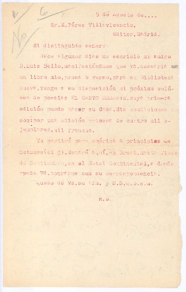 [Carta de 1907?], agosto 5, Madrid, España <a> D.M. Pérez Villavicencio