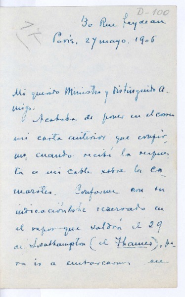 [Carta], 1906 mayo 27 Paris, Francia <a Ministro de Relaciones Exteriores de Nicaragua>