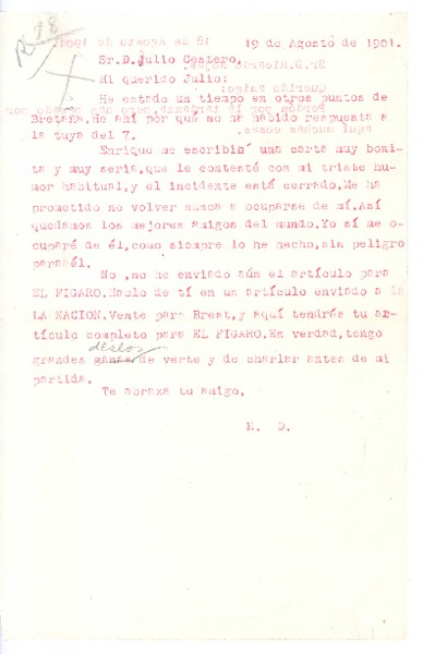 [Carta], 1901 ago. 19 Gran Bretaña <a> Julio Cestero<sic>