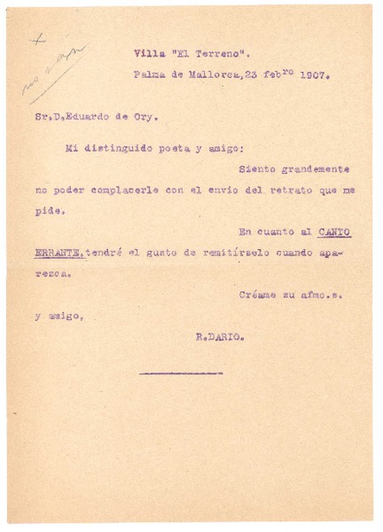 [Carta], 1907 feb. 23 Palma de Mallorca, España <a> Eduardo de Ory