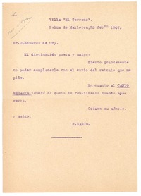 [Carta], 1907 feb. 23 Palma de Mallorca, España <a> Eduardo de Ory