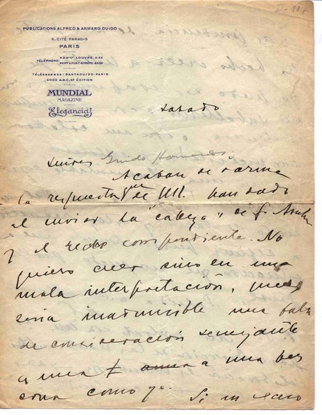[Carta entre 1910 y 1914] sábado, Paris, Francia [a] Armando Guido y Alfredo Guido