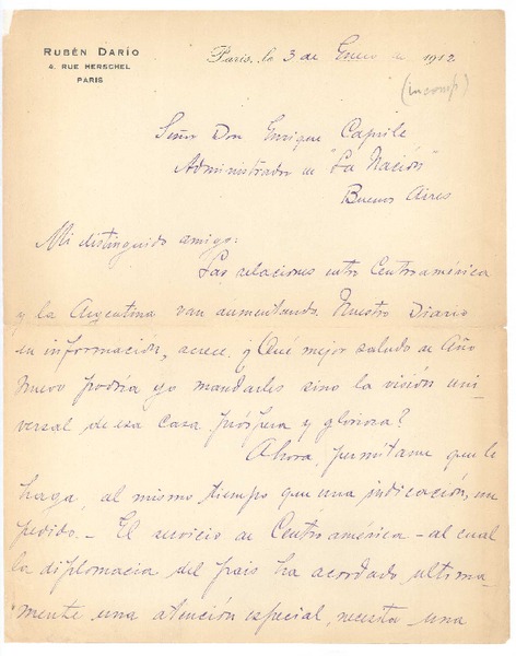 [Carta], 1912 ene. 3 Paris, Francia <a> Enrique Caprile