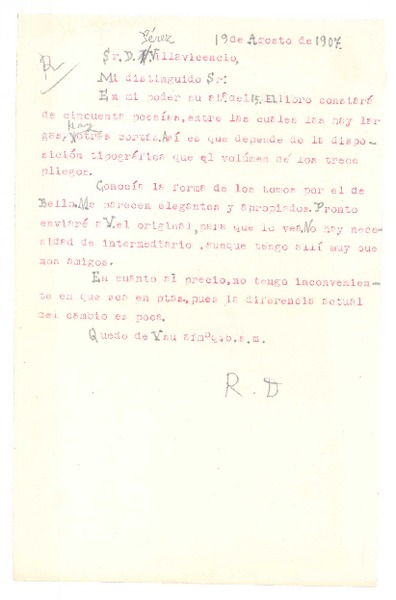 [Carta], 1907 ago. 19 Paris, Francia <a> D.M. Pérez Villavicencio