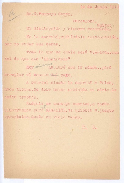 [Carta], 1911 jun. 14 Paris, Francia <a> Pompeyo Gener