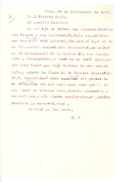 [Carta], 1907 sep. 24 Paris, Francia <a> Ricardo Rojas
