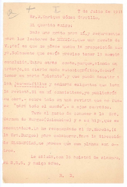 [Carta], 1911 jul. 7 Paris, Francia <a> Enrique Gómez Carrillo