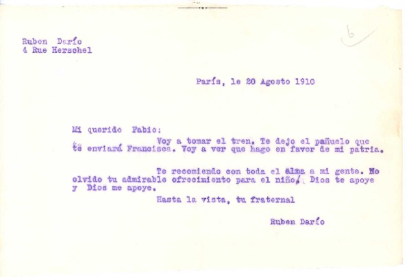 [Carta], 1910 ago. 20 Paris, Francia <a> Fabio Fiallo
