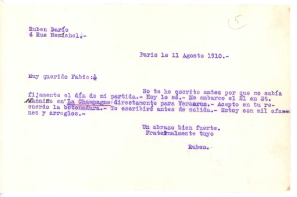 [Carta], 1910 ago. 11 Paris, Francia <a> Fabio Fiallo