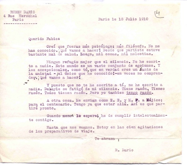 [Carta], 1910 jul. 18 Paris, Francia <a> Fabio Fiallo