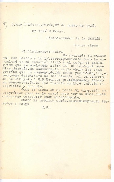 [Carta], 1902 ene. 27 Paris, Francia <a> José M. Drago
