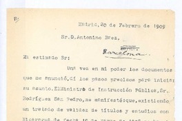 [Carta], 1909 feb. 20 Madrid, España <a> Antonio Báez