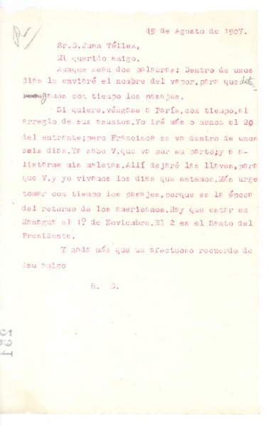 [Carta], 1907 ago. 19 Francia? <a> Juan Téllez