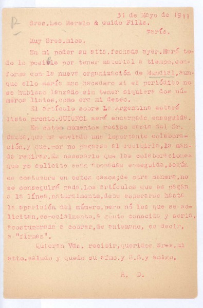 [Carta], 1911 may. 31 Paris, Francia <a> Leo Merelo y Guido Fills