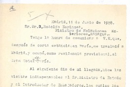 [Carta], 1908 jun. 11 Madrid, España <a> Rodolfo Espinosa, Ministro de RR.EE. de Nicaragua