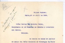 [Carta], 1906 abr. 23 Paris, Francia <a> Modesto Valle