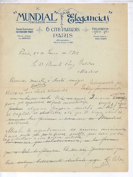 [Carta], 1912 ene. 26 Paris, Francia <a> Benito Pérez Galdos