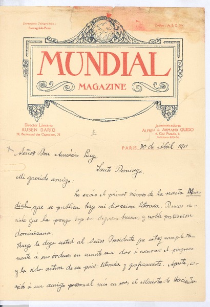 [Carta], 1911 abr. 30 Paris, Francia <a> Américo Lugo