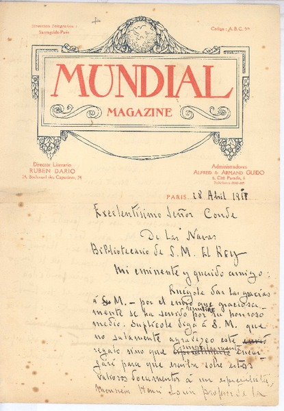 [Carta], 1917 abr. 18 Paris, Francia <a> Juan Gualberto Lopez-Valdemoro y de Quesada, Conde las Navas