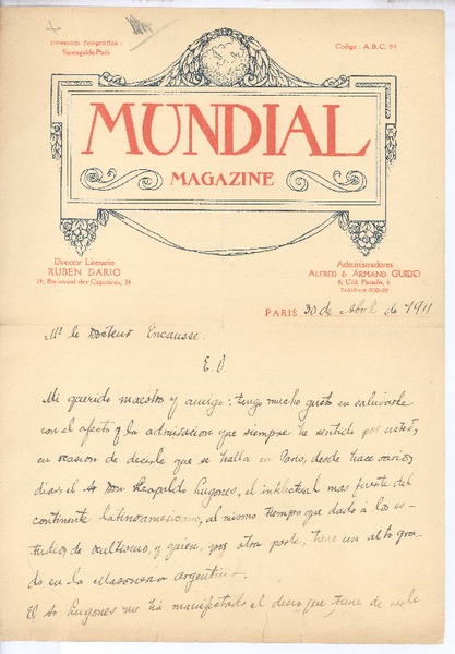 [Carta], 1911 abr. 30 Paris, Francia <a> Gérard Anaclet Vincent Encausse