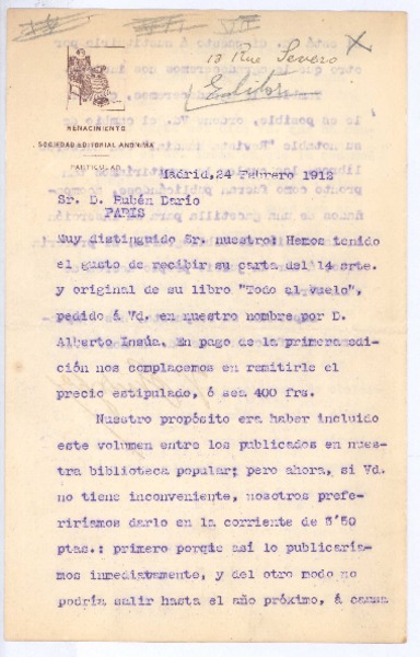 [Carta], 1912 feb. 24 Madrid, España <a> Rubén Darío